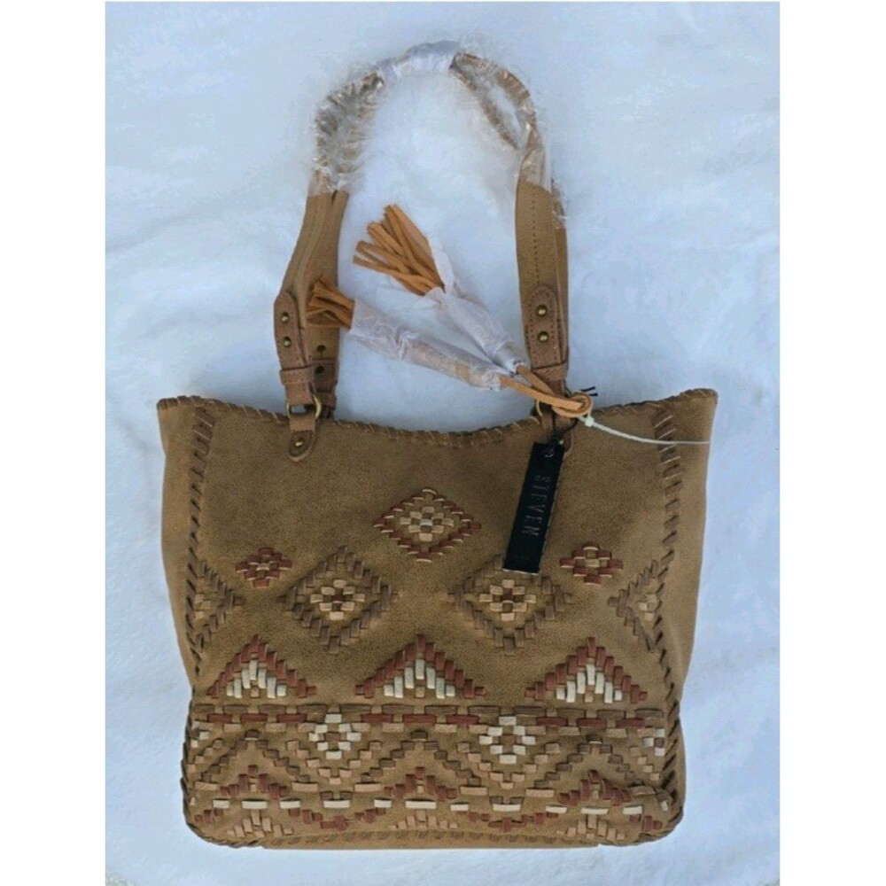 NWT MSRP $95 Camel Tan Leather Tote Handbag Purse Woven Faux Suede Tassel